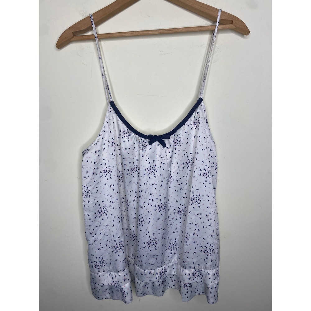 Vera Wang Polka Dot Satin Camisole Top White Navy Blue Bow Tiered Hem